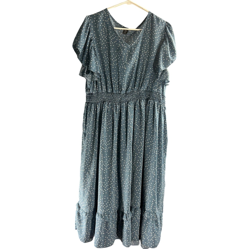 Shein Curve Blue Polka Dot Flutter Sleeve Smocked Waist Ruffle Midi Dress 4XL - Picture 1 of 5